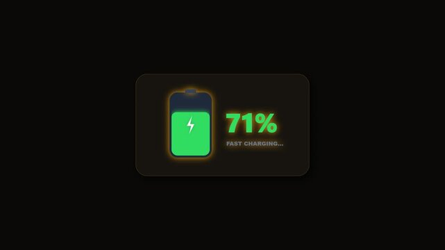 Glowing yellow battery cell pulsating during fast charging cycle while digital percentage counter climbs against dark minimal user interface background.