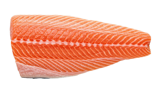 Fresh raw salmon fillet with distinct orange flesh and white fat lines, isolated on transparent background