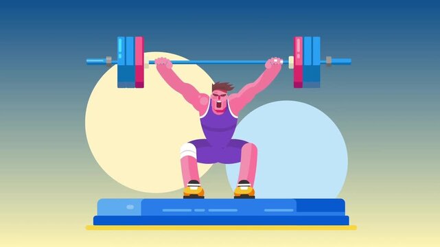 Animated weightlifter character straining during heavy barbell squat exercise in vibrant colorful flat vector video footage