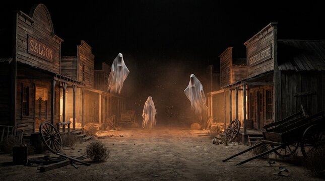 Three ghostly figures float down the dusty main street of a deserted old western town with Three translucent white spirits hover center abandoned historic wild west street