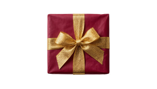 Deep red gift box with golden glitter ribbon bow, isolated on transparent background