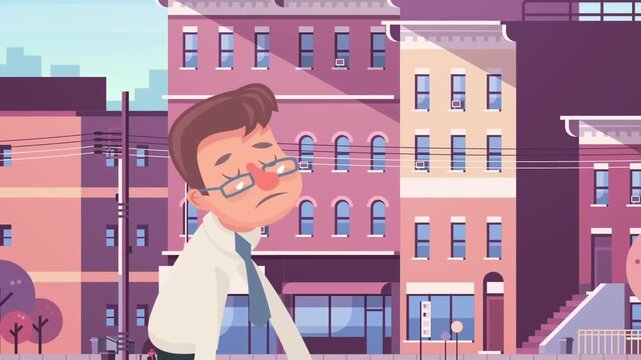 Exhausted businessman walking down city street vector animation clip with urban background buildings in motion footage