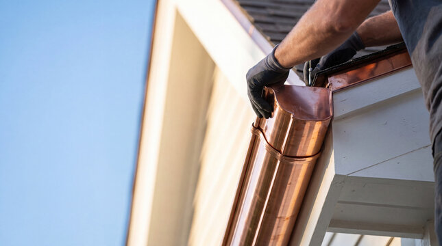Roofer installing copper gutter on residential roof. Professional worker repairing drainage system on house facade. Home maintenance, construction industry and architecture renovation.