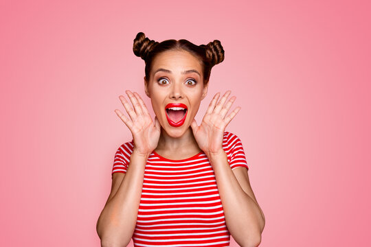 WOW! Portrait of astonished surprised girl with wide open mouth eyes gesturing with palms near face isolated on red background