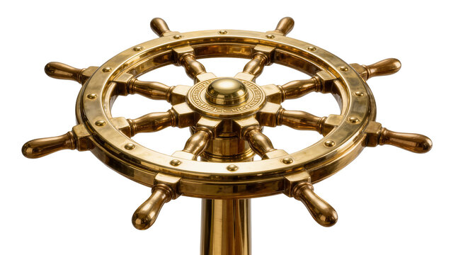 Polished brass ship s wheel with ornate spokes, isolated on transparent background