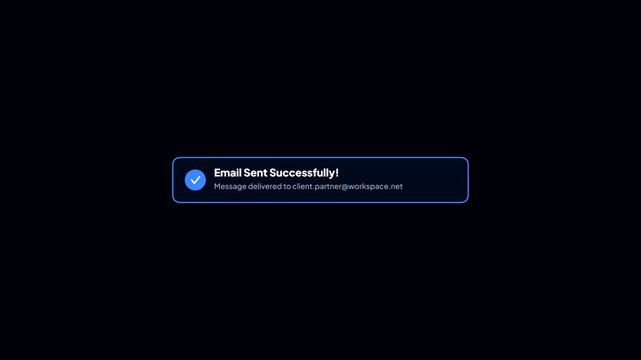 Digital User Interface Animation of Sending an Email with Loading Spinner and Success Toast. Message sent confirmation popup. 4k video