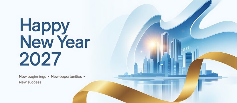 Happy new year 2027 abstract background with city skyline and golden ribbon