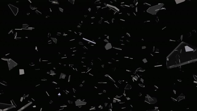 Elongated glass slivers shatter overlay on black background, fine sharp debris VFX transition