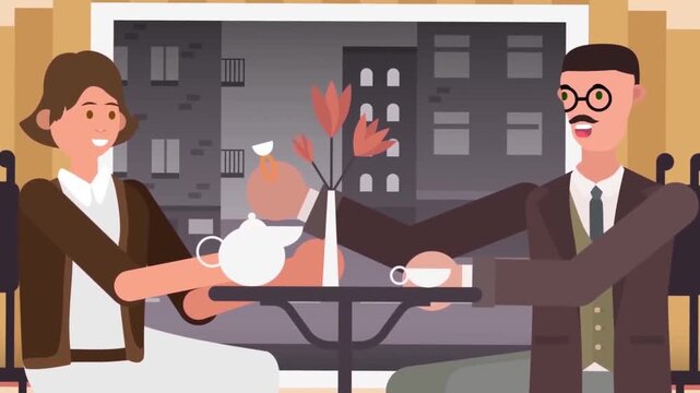 Animated man and woman drinking tea together in a cozy cafe setting during afternoon vector motion footage