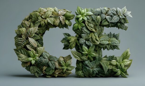 Letters ce crafted entirely from lush green fresh leaves and foliage against a plain backdrop