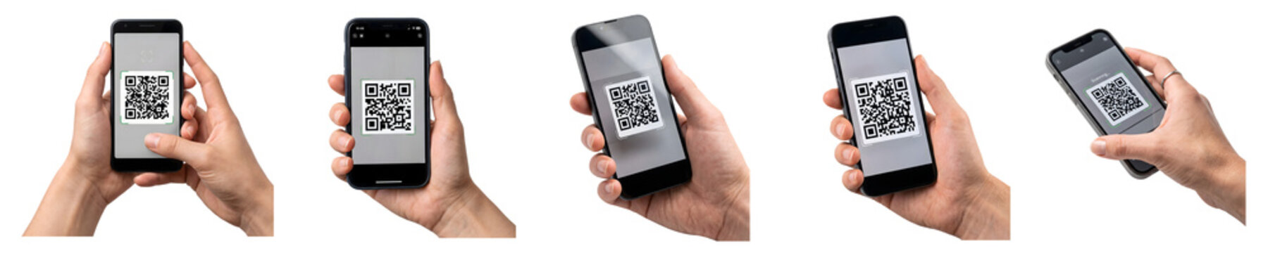 Hands holding smartphones displaying qr codes, isolated on transparent background