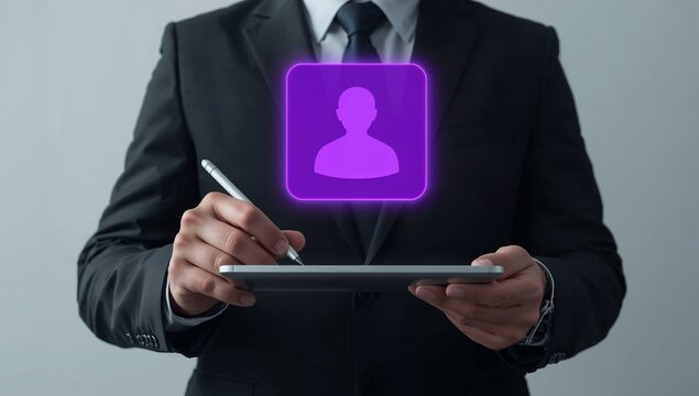 digital recruitment and candidate screening system. holographic resume profiles with interview and offer status buttons. hr manager filtering applicant cvs using stylus on tablet.