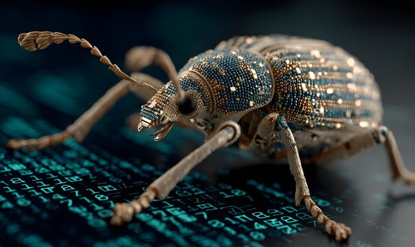 Robotic computer bug crawling over a digital circuit board background with code symbols