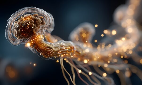 Abstract microscopic neural network structure glowing with warm golden lights and delicate translucent fibers