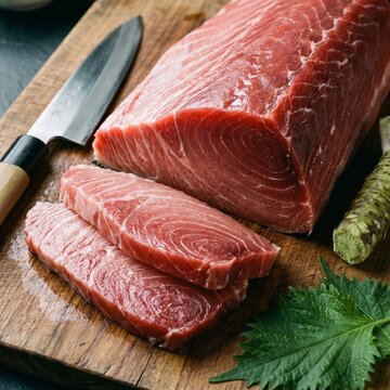 Premium Raw Tuna Block and Sliced Tuna Sashimi on Wooden Cutting Board