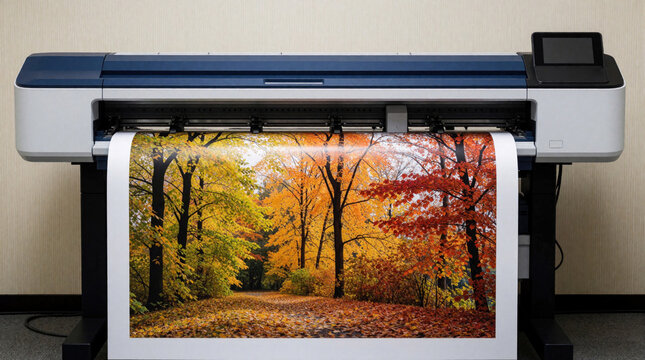 Professional large format plotter prints colorful autumn forest landscape. Digital wide format printer produces high quality poster in modern office. Machine outputs detailed nature scenery with