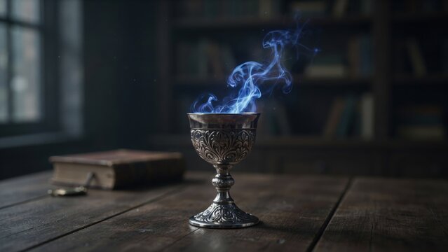 A mysterious silver chalice emits glowing blue smoke on an old wooden table. Fantasy and magical conceptual photography for storytelling or gaming.