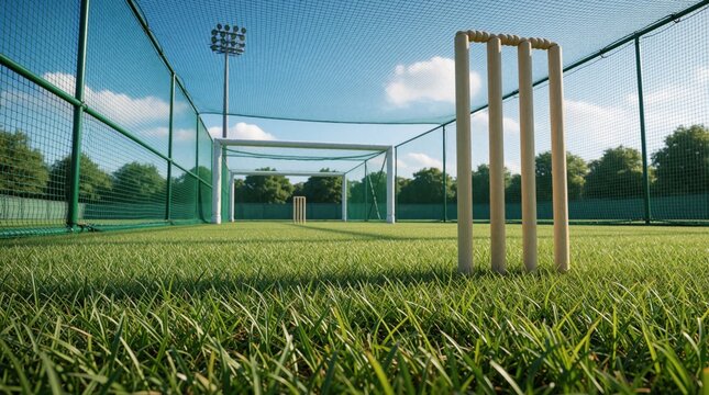 Close up of wooden cricket stumps on green grass pitch. Pro training nets enclosure under blue sky with clouds. Outdoor cricket practice ground at sunny sports stadium for athletic players to improve