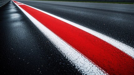 Fototapeta premium Close up of empty racing track with wet asphalt surface. Red, white curb markings run along dark pavement after rain. Motorsport circuit ground texture shows details of road lines. Empty race course