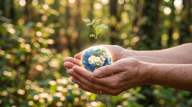 Eco-friendly concept of hands protecting a glowing globe and growing plant in nature