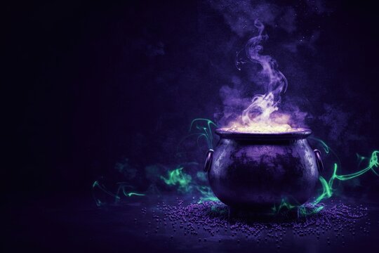 A magical boiling cauldron with purple smoke rising in a dark mystical setting. Perfect for Halloween posters and fantasy background designs.