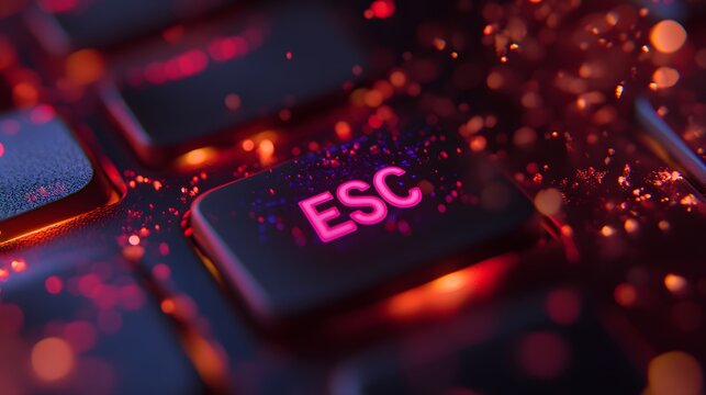 ESC key on glowing keyboard with neon bokeh and glitter