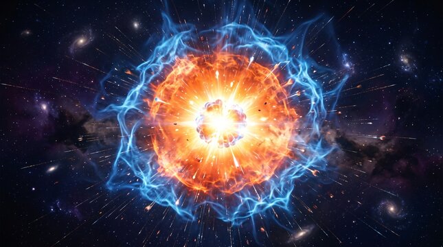 Bright orange explosion with glowing blue energy in space