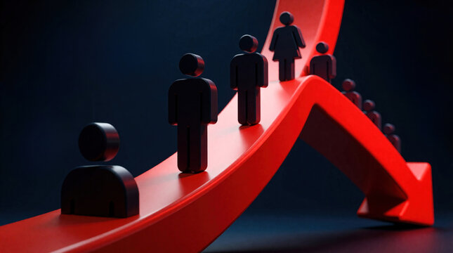 Red arrow graph points down on dark background. Black human silhouettes walk along falling curve. Concept of economic recession, job loss, unemployment crisis. Workforce downsizing, market downturn