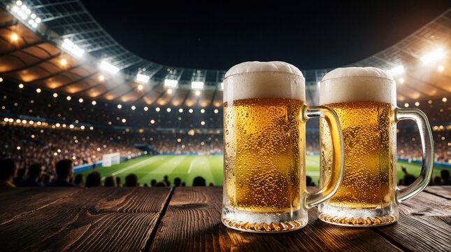 Two cold beer mugs with foam stand on wooden table. Football match plays in large stadium at night. Excited fans watch game in arena. Refreshing lager drinks ready for sports party celebration with