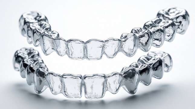 Clear plastic dental aligners for teeth straightening. Set of transparent orthodontic retainers shows progress stpic for smile correction. Invisible medical appliance for malocclusion treatment