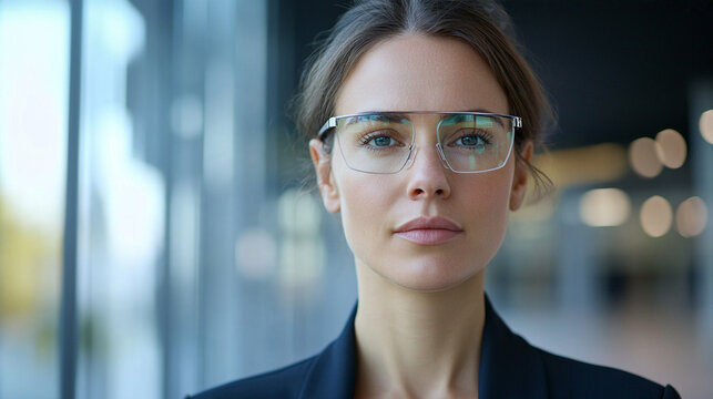Tight close-up portrait of a visually impaired female professional wearing subtle AI-powered smart glasses in a contemporary workplace, confident natural expression, accessibility