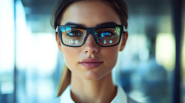 Tight close-up portrait of a visually impaired female professional wearing subtle AI-powered smart glasses in a contemporary workplace, confident natural expression, accessibility