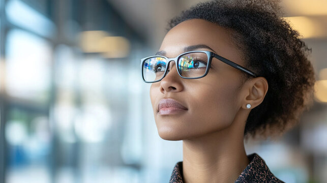 Tight close-up portrait of a visually impaired female professional wearing subtle AI-powered smart glasses in a contemporary workplace, confident natural expression, accessibility