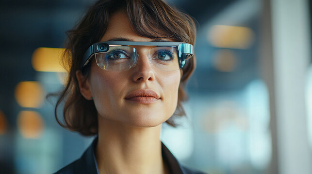 Tight close-up portrait of a visually impaired female professional wearing subtle AI-powered smart glasses in a contemporary workplace, confident natural expression, accessibility