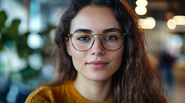 Tight close-up portrait of a visually impaired female professional wearing subtle AI-powered smart glasses in a contemporary workplace, confident natural expression, accessibility