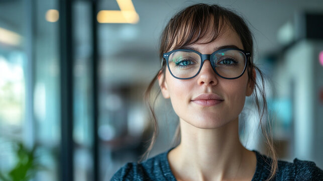 Tight close-up portrait of a visually impaired female professional wearing subtle AI-powered smart glasses in a contemporary workplace, confident natural expression, accessibility