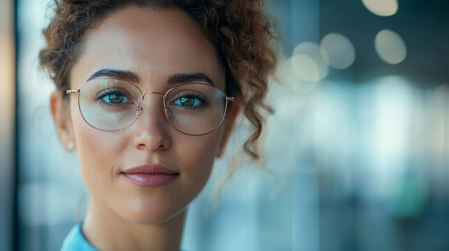 Tight close-up portrait of a visually impaired female professional wearing subtle AI-powered smart glasses in a contemporary workplace, confident natural expression, accessibility