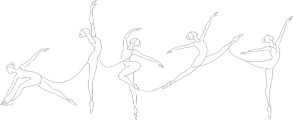 Obraz premium Line art illustration depicts five ballet dancers in dynamic poses against a white background