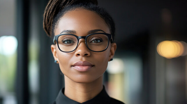 Tight close-up portrait of a visually impaired female professional wearing subtle AI-powered smart glasses in a contemporary workplace, confident natural expression, accessibility