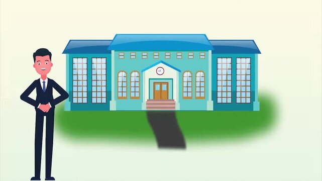 Animated businessman standing proudly outside modern school building vector illustration motion clip