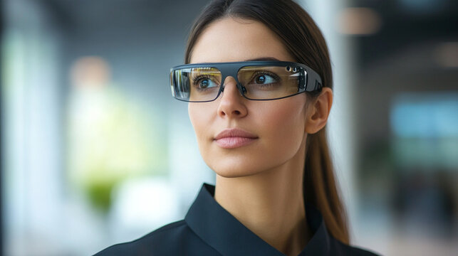 Tight close-up portrait of a visually impaired female professional wearing subtle AI-powered smart glasses in a contemporary workplace, confident natural expression, accessibility