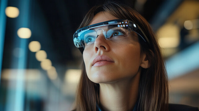 Tight close-up portrait of a visually impaired female professional wearing subtle AI-powered smart glasses in a contemporary workplace, confident natural expression, accessibility