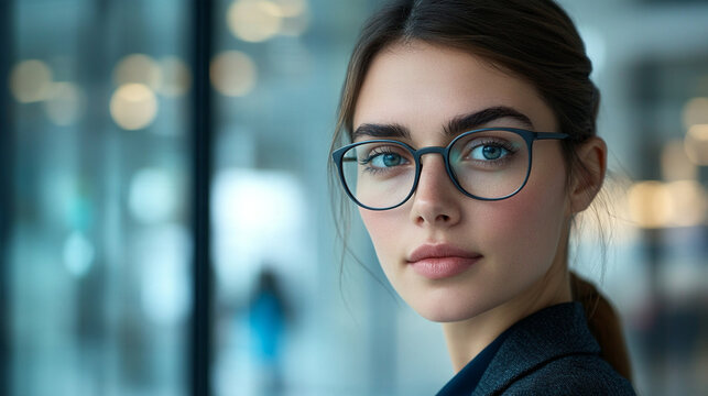 Tight close-up portrait of a visually impaired female professional wearing subtle AI-powered smart glasses in a contemporary workplace, confident natural expression, accessibility