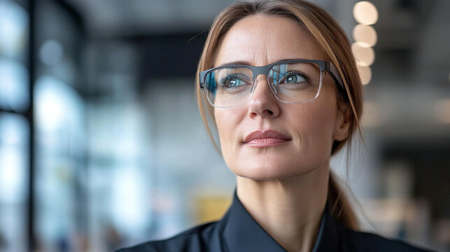 Tight close-up portrait of a visually impaired female professional wearing subtle AI-powered smart glasses in a contemporary workplace, confident natural expression, accessibility