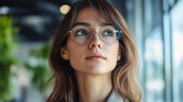 Tight close-up portrait of a visually impaired female professional wearing subtle AI-powered smart glasses in a contemporary workplace, confident natural expression, accessibility