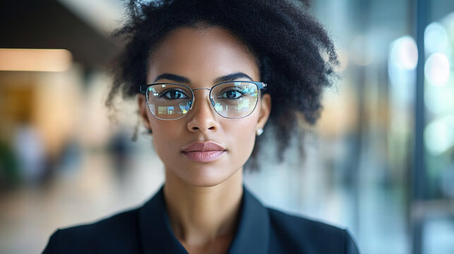 Tight close-up portrait of a visually impaired female professional wearing subtle AI-powered smart glasses in a contemporary workplace, confident natural expression, accessibility