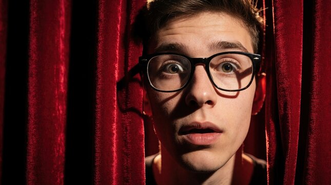 Surprised young caucasian man with glasses peeks through red velvet curtains. Astonished guy looks out from behind theater stage drapery with wide eyes, open mouth. Curious male student shows shocked