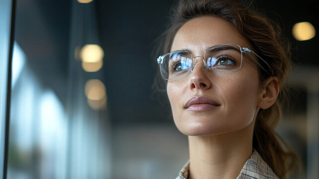 Tight close-up portrait of a visually impaired female professional wearing subtle AI-powered smart glasses in a contemporary workplace, confident natural expression, accessibility