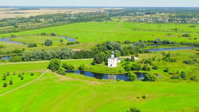 Russia, Bogolyubovo. Drone footage of Church of the Intercession on the Nerl. Orthodox church and a symbol of medieval Russia. Drone footage