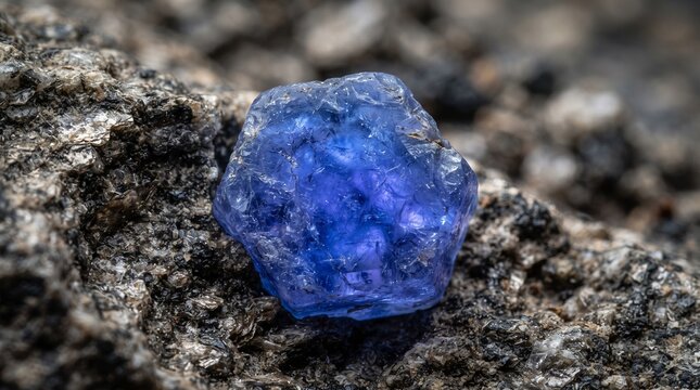 Raw blue sapphire crystal embedded in dark stone matrix showcasing natural hexagonal structure and rough surface.